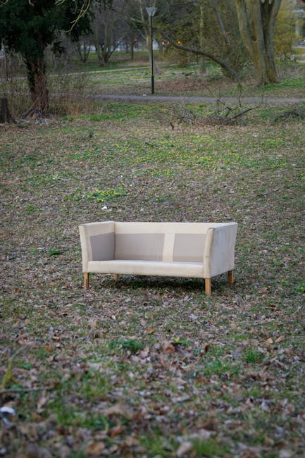 A white upholstered sofa with wooden legs situated outdoors in a park or woodland area, resting on uneven ground covered with grass, fallen leaves, and small plants. The sofa appears to be in good condition, with fabric upholstery and a simple, modern design, featuring a backrest and armrests. In the background, there are tall trees with sparse foliage, a dirt path running through the park, and a streetlamp standing alongside the path. The scene is captured in natural daylight, and the setting suggests it may be part of an outdoor rubbish or unwanted furniture removal, potentially handled by Waste Disposal Surrey, a company specialising in private waste disposal services near Hampton Court in Surrey.